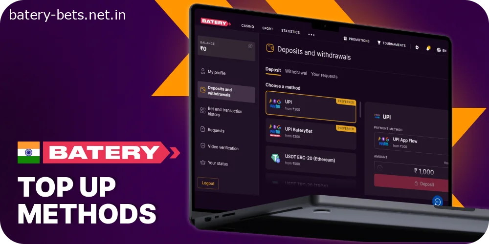 Deposit options at Batery Vasino for Indians